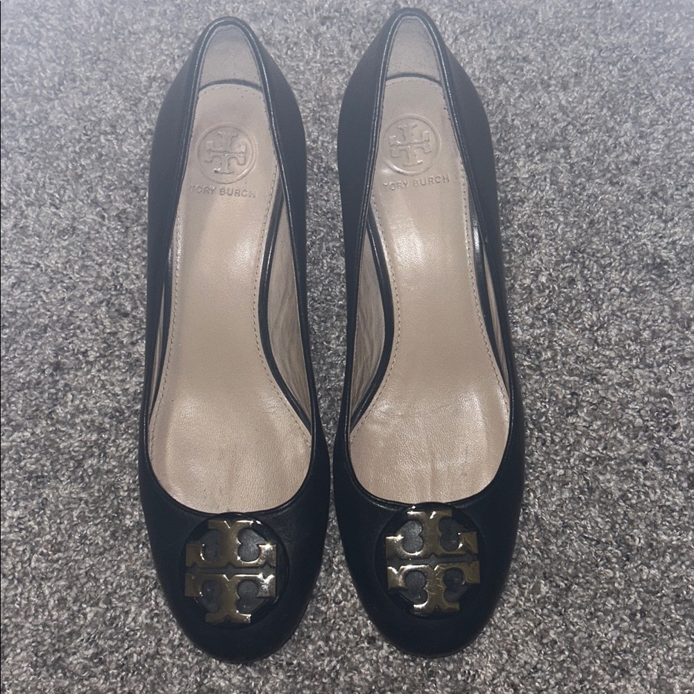 Authentic Tory Burch Janey black heel with Gold Accents